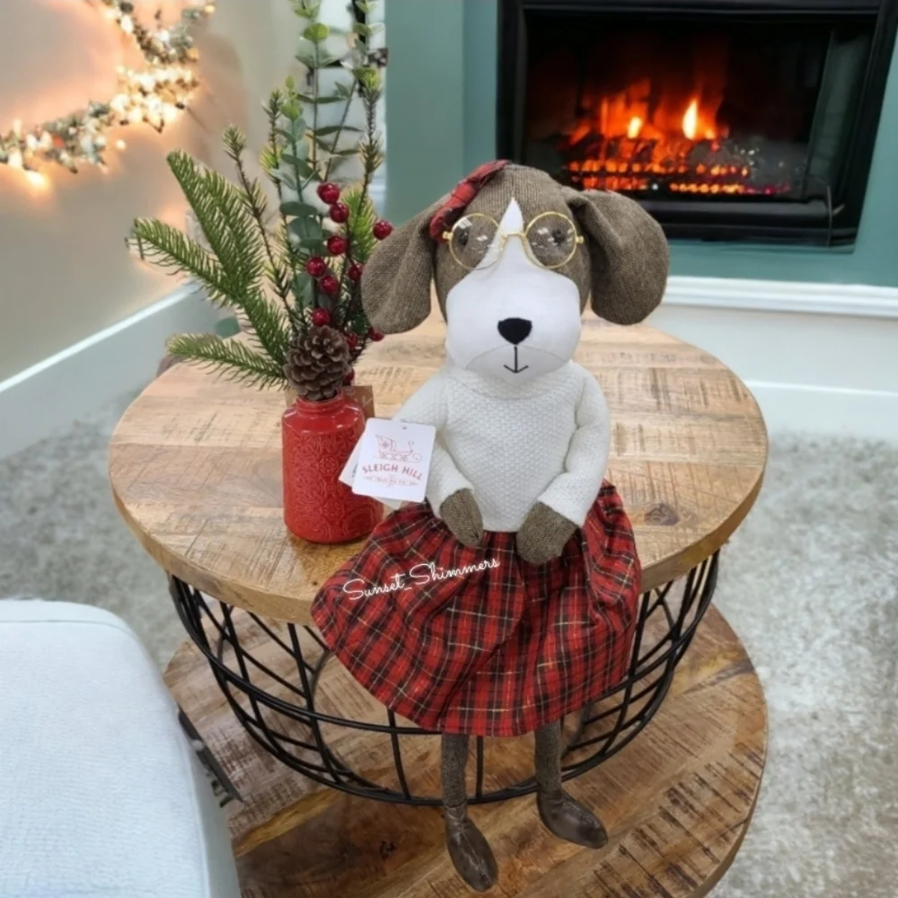 Holiday Beagle Dog In Plaid Dress Shelf Sitter Decor NEW